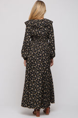 Black Floral Ruffle V-Neck Wrap Front Maternity Maxi Dress