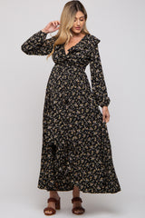 Black Floral Ruffle V-Neck Wrap Front Maternity Maxi Dress