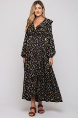 Black Floral Ruffle V-Neck Wrap Front Maternity Maxi Dress