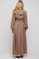 Mocha Floral Ruffle V-Neck Wrap Front Maternity Maxi Dress