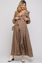 Mocha Floral Ruffle V-Neck Wrap Front Maternity Maxi Dress