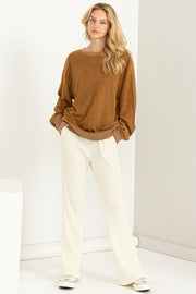 Camel Oversized Brushed Knit Long Sleeve Top