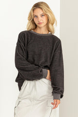 Charcoal Oversized Brushed Knit Long Sleeve Top