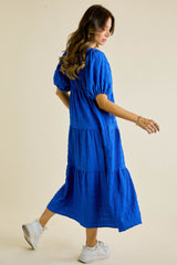 Blue Square Neck Puffy Maxi Dress