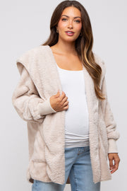 Cream Fuzzy Hooded Long Sleeve Maternity Jacket