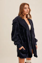 Navy Fuzzy Hooded Long Sleeve Maternity Jacket