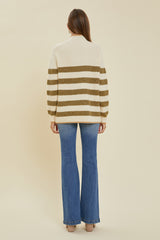 Olive Striped Color Block Mock Neck Sweater