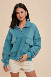 Teal Contrast Reversed Fleece 1/4 Zip Pullover