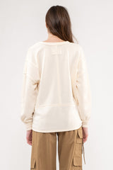 Cream Solid Patchwork Split Neck Knit Top