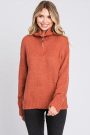 Rust Knit Zipper Pullover Sweater