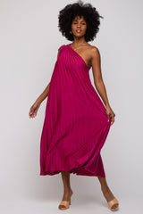 Magenta Satin Pleated One Shoulder Midi Dress