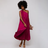 Magenta Satin Pleated One Shoulder Midi Dress