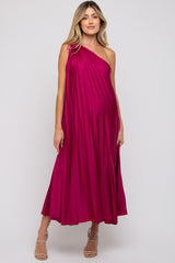 Magenta Satin Pleated One Shoulder Maternity Midi Dress