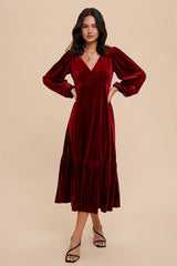 Burgundy V-Neck Ruffle Hem Velvet Midi Dress