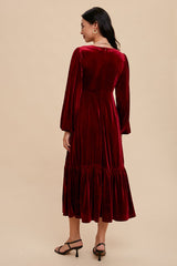 Burgundy V-Neck Ruffle Hem Velvet Midi Dress