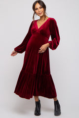 Burgundy V-Neck Ruffle Hem Velvet Maternity Midi Dress