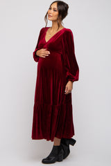 Burgundy V-Neck Ruffle Hem Velvet Maternity Midi Dress