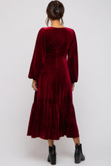 Burgundy V-Neck Ruffle Hem Velvet Maternity Midi Dress