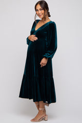 Emerald Green V-Neck Ruffle Hem Velvet Maternity Midi Dress