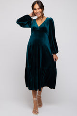 Emerald Green V-Neck Ruffle Hem Velvet Maternity Midi Dress