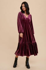 Magenta V-Neck Ruffle Hem Velvet Midi Dress