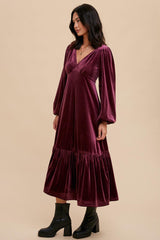 Magenta V-Neck Ruffle Hem Velvet Midi Dress