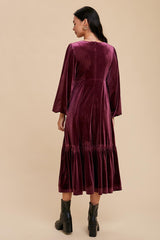 Magenta V-Neck Ruffle Hem Velvet Midi Dress