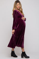 Magenta V-Neck Ruffle Hem Velvet Maternity Midi Dress