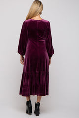 Magenta V-Neck Ruffle Hem Velvet Maternity Midi Dress