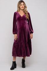 Magenta V-Neck Ruffle Hem Velvet Maternity Midi Dress