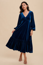 Dark Teal V-Neck Ruffle Hem Velvet Midi Dress