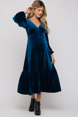 Dark Teal V-Neck Ruffle Hem Velvet Maternity Midi Dress