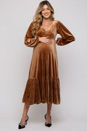 Camel V-Neck Ruffle Hem Velvet Maternity Midi Dress