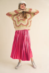 Pink Metallic Pleated Midi Skirt