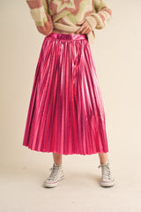 Pink Metallic Pleated Midi Skirt