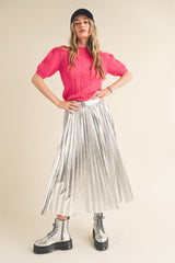 Silver Metallic Pleated Maternity Midi Skirt