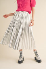 Silver Metallic Pleated Midi Skirt