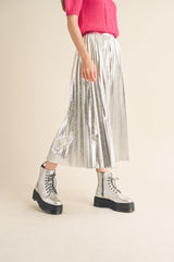 Silver Metallic Pleated Midi Skirt