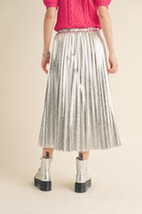 Silver Metallic Pleated Midi Skirt