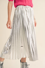 Silver Metallic Pleated Midi Skirt