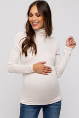 Beige Ribbed Maternity Turtleneck Top