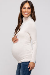 Beige Ribbed Maternity Turtleneck Top