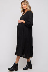 Black Textured Tiered Maternity Midi Dress