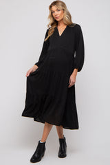 Black Textured Tiered Maternity Midi Dress