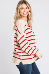 Beige Striped Long Sleeve Knit Sweater