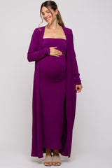 Magenta Ribbed Sleeveless Dress Cardigan Maternity Set