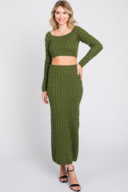 Olive Cable Knit Off Shoulder Midi Skirt Set