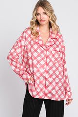 Pink Argyle Button Up Satin Sleep Top