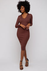 Brown Ribbed Knit Fitted Dress