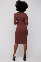 Brown Ribbed Knit Fitted Dress